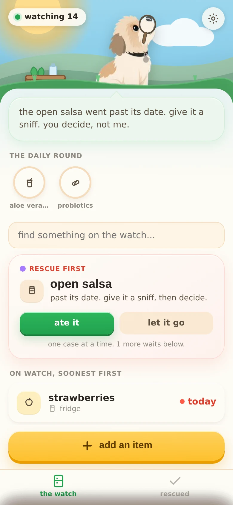 The Chiku app: chiku the dog detective watching a list of groceries, with one item due today and a gentle rescue suggestion