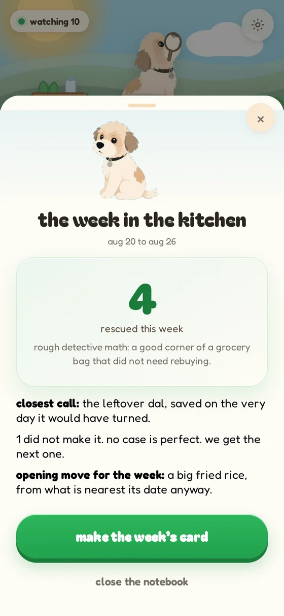 The weekly page in chiku: a gentle summary of what was eaten and what got away